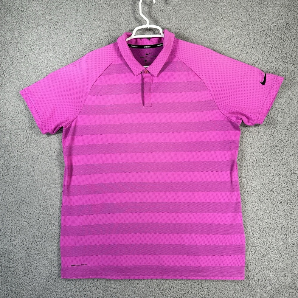 Nike Zonal Cooling Short Sleeve Golf Polo Shirt Size L Striped Pink Polyester